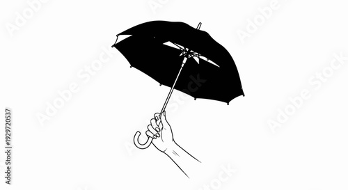 A hand holds an open black umbrella, angled upwards, on a white background