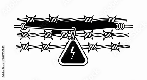 Barbed wire fence with a hanging electrical hazard warning sign