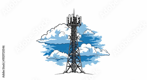 A communication tower stands tall amidst a backdrop of blue and white clouds