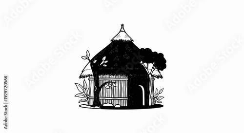 A rustic, hand-drawn hut with a thatched roof and bamboo walls, surrounded by foliage