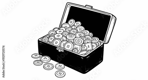 A chest overflowing with a treasure trove of assorted buttons spills some onto the table