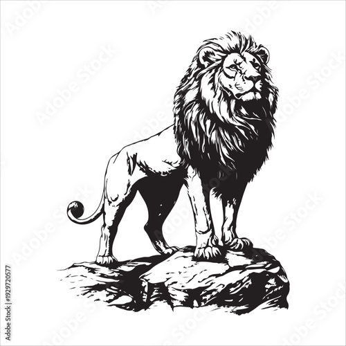 Black and white silhouette of a roaring lion standing on a rock. 