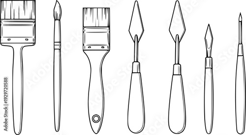 Collection of and Painting Tools Including Brushes and Palette Knives knife