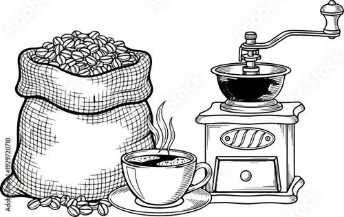 A burlap sack overflowing with coffee beans sits next to a steaming cup