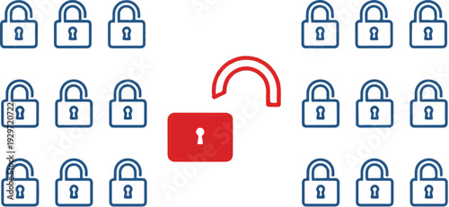 Multiple locked padlocks arranged around one unlocked padlock with red accents