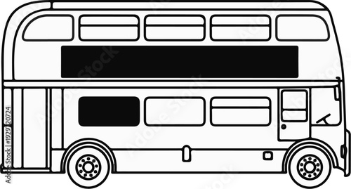 A black and white line drawing of a classic double-decker bus