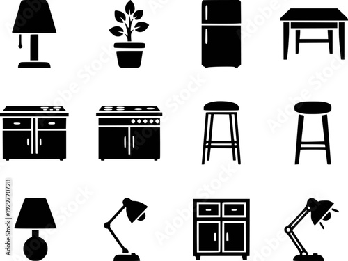 Collection of black silhouette representing household furniture and appliances a white background