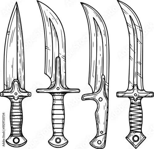 Collection of detailed hand drawn antique style knives and daggers white background