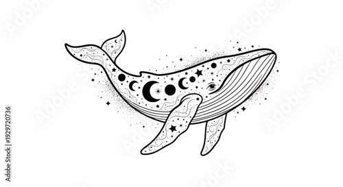 Whimsical whale adorned with celestial bodies, stars, and swirling patterns
