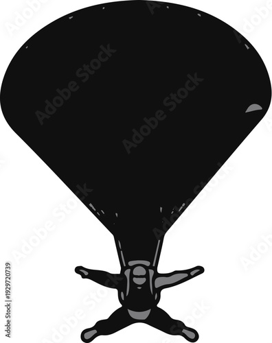 A person in mid-air, descending under a large black parachute canopy