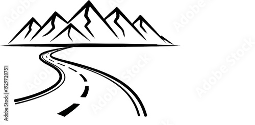 Stylized black ink drawing of a winding road leading towards jagged mountain peaks