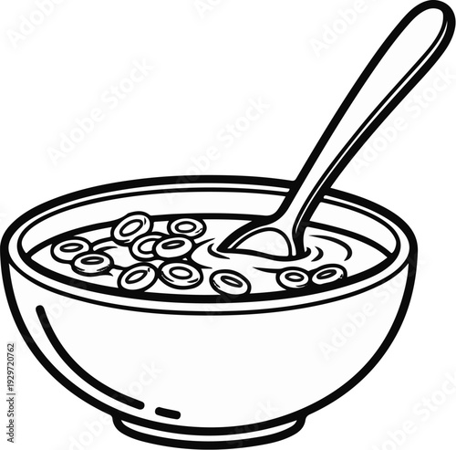 A simple line drawing of a bowl of cereal with a spoon