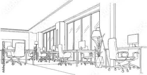 Modern office space with desks, chairs, computers, plants, and large windows