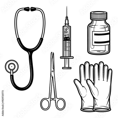 A collection of medical tools including a stethoscope, syringe, and medicine bottle isolated, graphic & motivation
