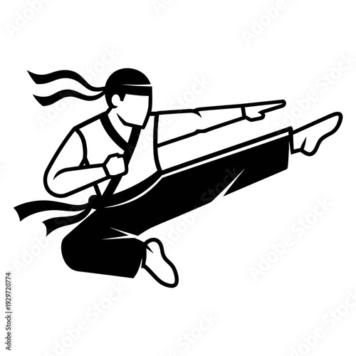 A silhouette of a person performing a flying kick, showcasing dynamic martial arts pose isolated, graphic & motivation