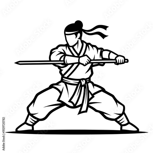 A silhouette of a martial artist holding a katana, poised in a defensive stance isolated, graphic & motivation