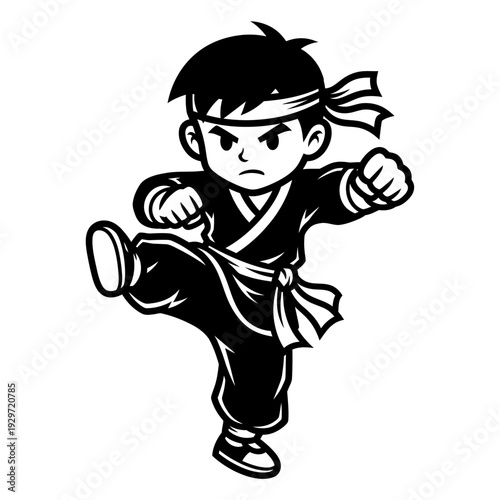 Cute cartoon martial artist in mid-kick, little boy training karate in uniform isolated, graphic & motivation