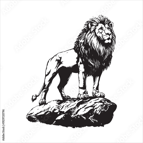 Black and white silhouette of a roaring lion standing on a rock. 