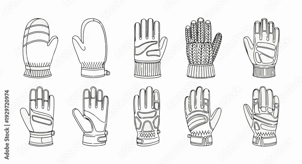 Fototapeta premium Various styles of handwear, including mittens and gloves, illustrated as line drawings