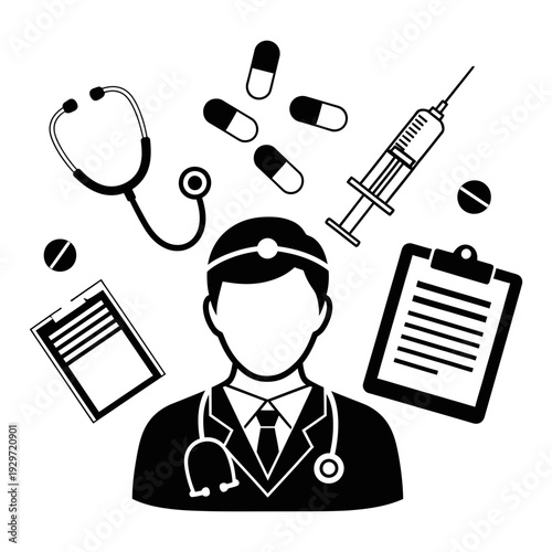 Medical professional surrounded by healthcare tools, doctor with stethoscope and pills isolated, graphic & motivation