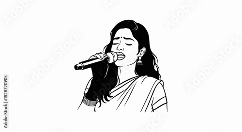 Stylized black and white illustration of a woman singing into a microphone