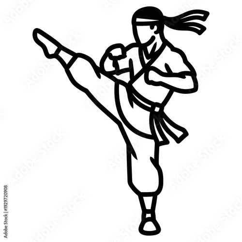Minimalist outline vector of martial artist in dynamic jumping kick for logo design use isolated, graphic & motivation