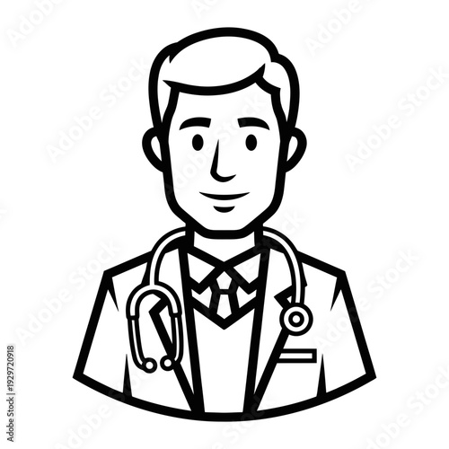 Smiling male doctor with stethoscope character icon, medical professional bust portrait isolated, graphic & motivation