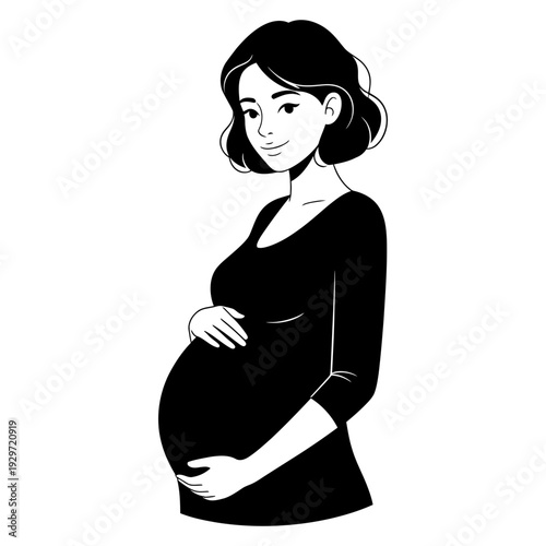 Pregnant woman gently holding her belly vector illustration, expecting mom silhouette isolated, graphic & motivation