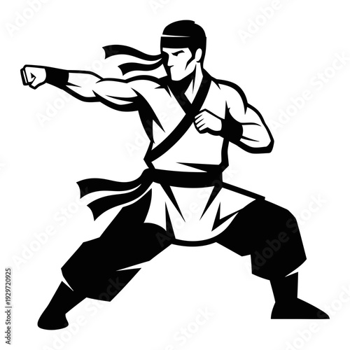 Powerful martial artist delivering strong forward punch in classic karate stance graphic isolated, graphic & motivation