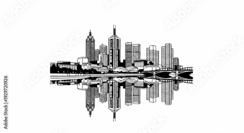 Modern city skyline reflected in calm water, a monochromatic sketch