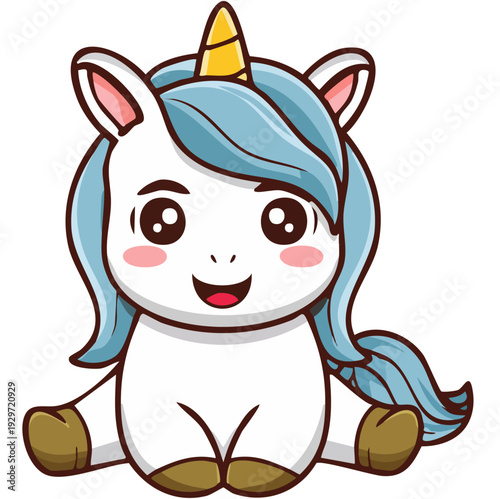 Adorable cartoon illustration of a cute baby unicorn with blue hair and a yellow horn, sitting and smiling