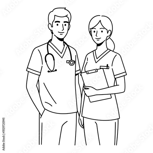 Two medical professionals, a doctor and a nurse, stand side by side smiling confidently isolated, graphic & motivation