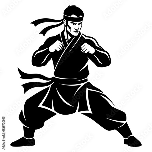 Warrior in combat stance wearing headband and traditional kimono for martial arts practice isolated, graphic & motivation