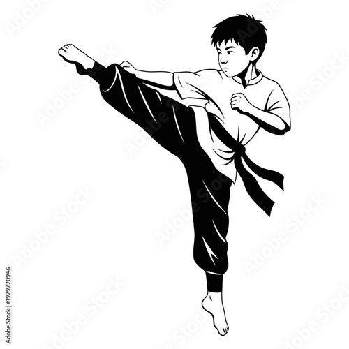 Young boy practicing karate kick in dynamic martial arts pose for youth sports promotion isolated, graphic & motivation