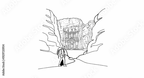 A lone explorer with a backpack approaches ancient carved rock facade