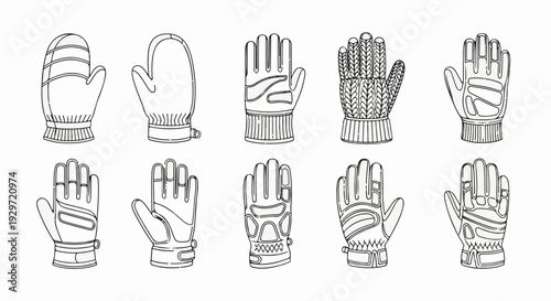 Various styles of handwear, including mittens and gloves, illustrated as line drawings