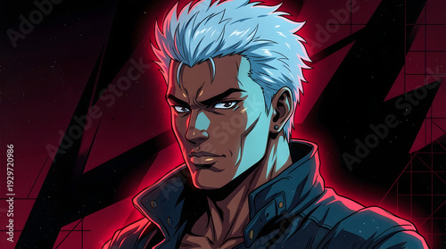 Retro anime portrait of man with blue hair and neon lighting
