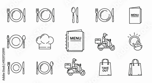 Collection of icons representing dining, menus, chefs, and food delivery services