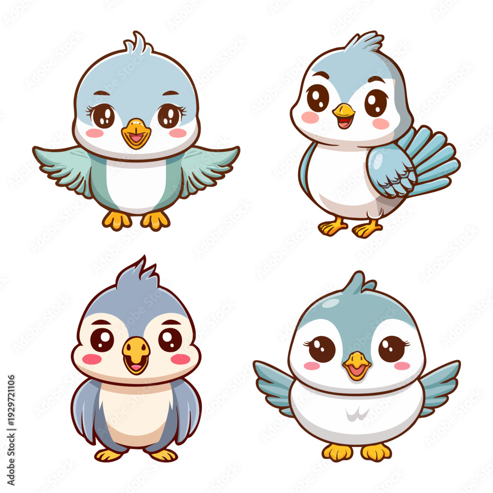 Fototapeta premium Adorable collection of happy blue bird cartoon characters with charming expressions and cheerful poses, perfect for children's designs and playful graphics