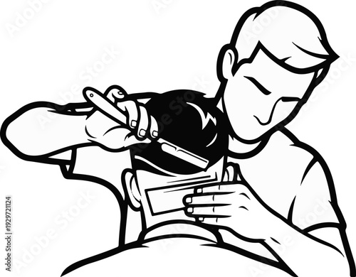 Stylized illustration of a barber carefully shaving a client's head with a straight razor