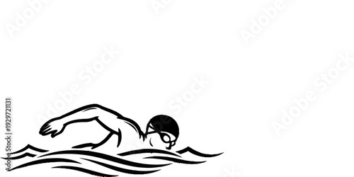 A stylized black ink drawing depicts a swimmer in motion on a white background