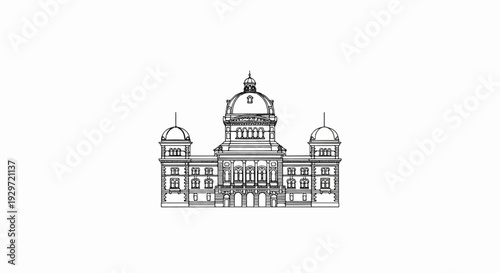 Ornate classical building with multiple domes and symmetrical facade, rendered as a line drawing