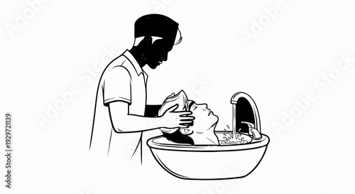 A barber washes a client's hair in a salon sink with running water