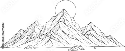 Hand drawn mountain range with sun rising behind peaks in black and white line style