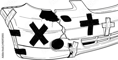 A damaged vehicle bumper crudely repaired with black and white tape