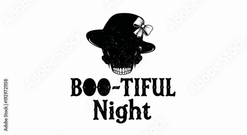 Spooky skull wearing a hat with a bow, advertising a "Boo-tiful Night