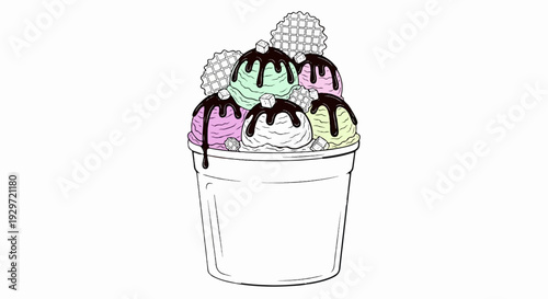 A stylized drawing of a cup filled with colorful ice cream scoops, drizzled with chocolate