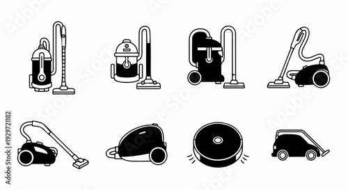 Diverse collection of vacuum cleaner icons, showcasing various designs and styles