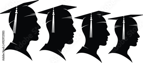 Graduation student silhouette side profile set wearing academic cap isolated on white background, education success concept outline vector illustration collection design.