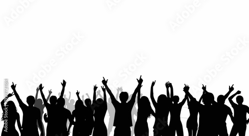 Silhouetted crowd celebrating with arms raised against a white background